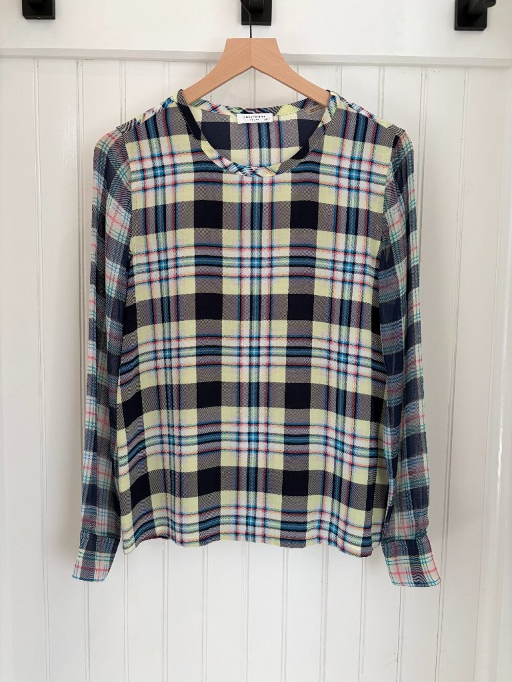 Equipment Femme 100% Silk Plaid Popover Blouse Navy Citron Collarless XS
